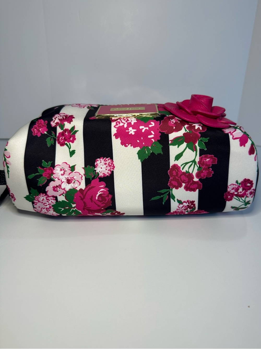 Betsey Johnson 3 Piece Travel Cosmetic Bag Set Pink Floral Black & White Stripe - Picture 5 of 10